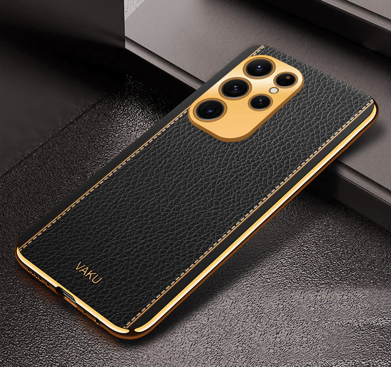 VakuĀ® Samsung Galaxy S23 Ultra Luxemberg Series Leather Stitched Gold Electroplated Soft TPU Back Cover