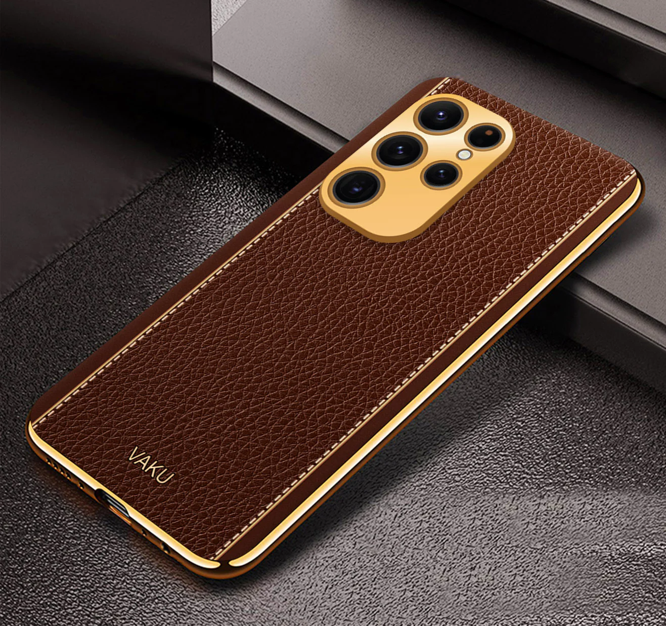 VakuĀ® Samsung Galaxy S23 Ultra Luxemberg Series Leather Stitched Gold Electroplated Soft TPU Back Cover - Image 5