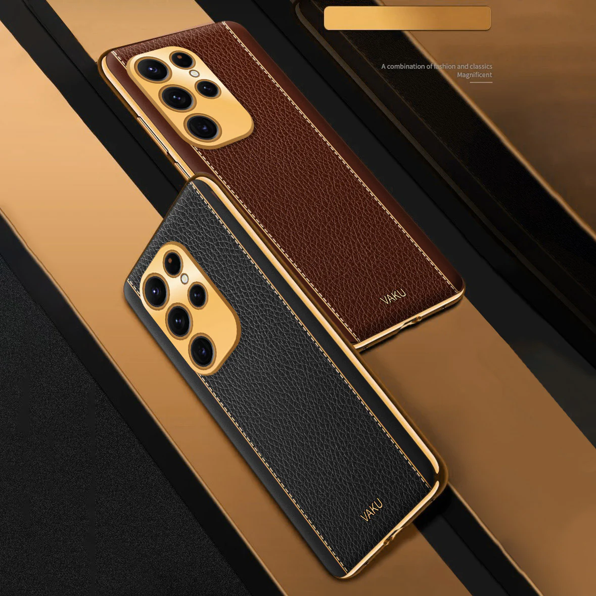 VakuĀ® Samsung Galaxy S23 Ultra Luxemberg Series Leather Stitched Gold Electroplated Soft TPU Back Cover - Image 6