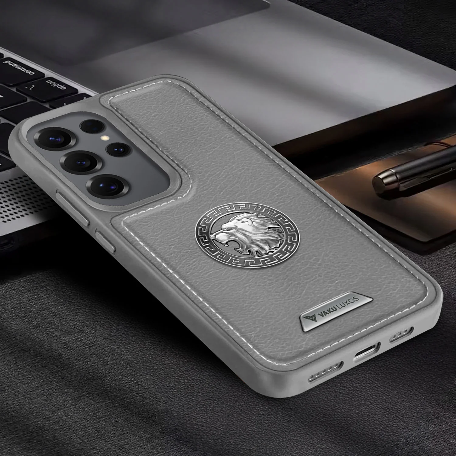 Vaku ® Samsung Galaxy S24 Ultra Regal Shield Metal Lion Engraved Leather Back Cover - Image 14