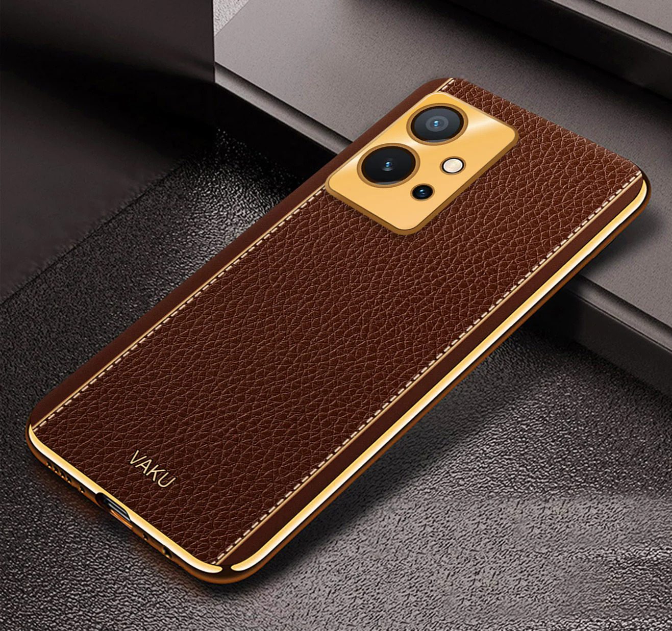 VakuĀ® Vivo T1 5G Luxemberg Series Leather Stitched Gold Electroplated Soft TPU Back Cover