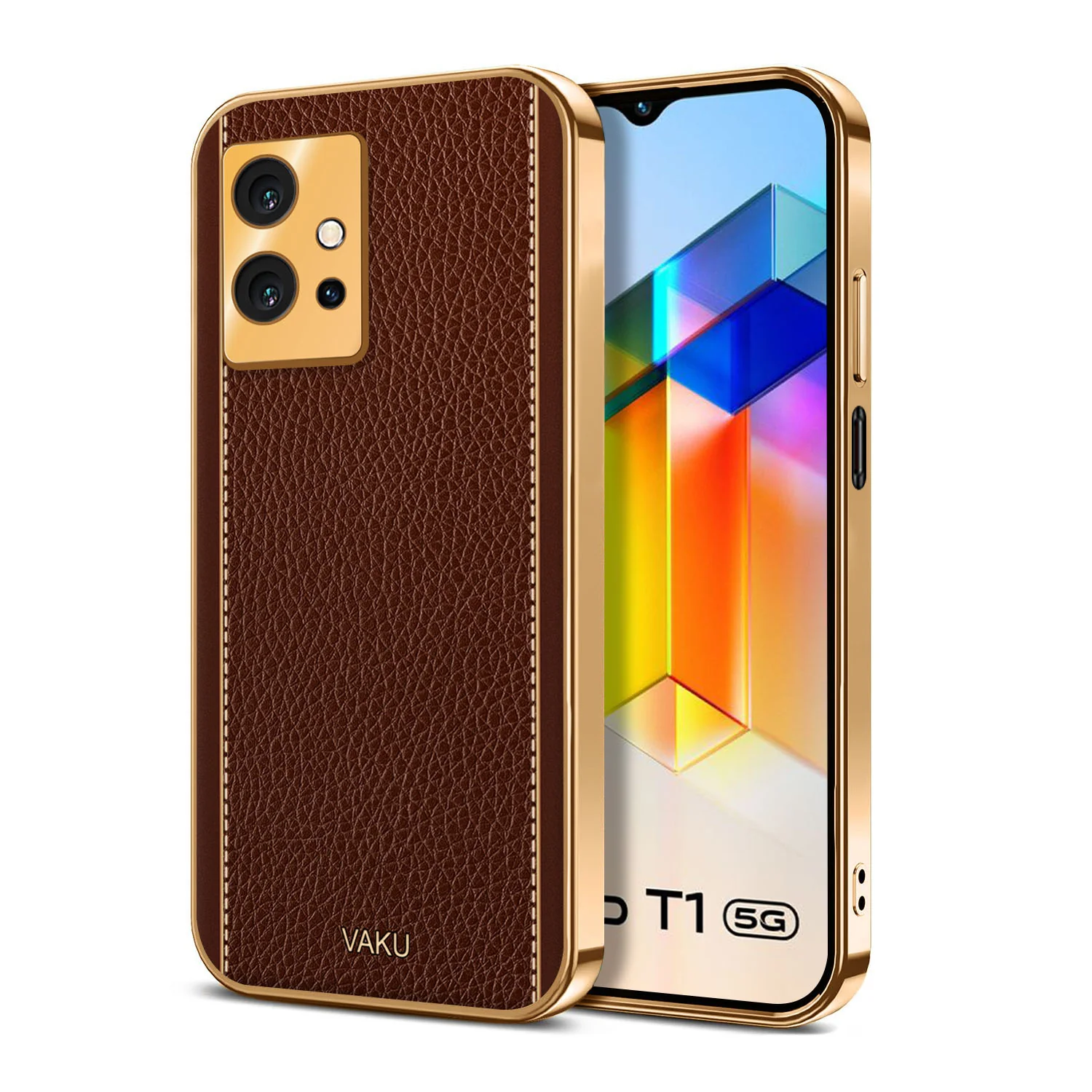 VakuĀ® Vivo T1 5G Luxemberg Series Leather Stitched Gold Electroplated Soft TPU Back Cover - Image 11