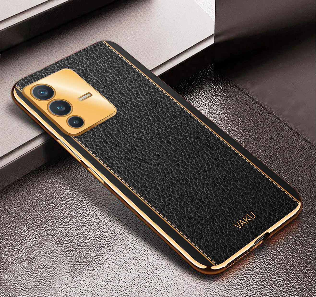 VakuĀ® Vivo V23 5G Luxemberg Series Leather Stitched Gold Electroplated Soft TPU Back Cover - Image 15