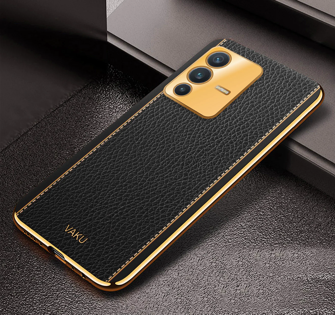 VakuĀ® Vivo V23 5G Luxemberg Series Leather Stitched Gold Electroplated Soft TPU Back Cover - Image 7