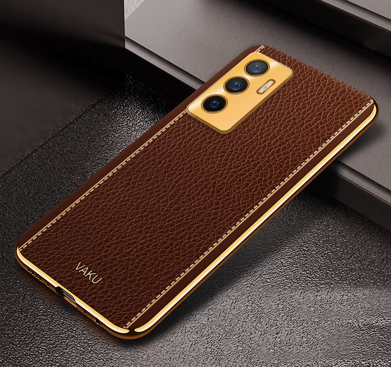 VakuĀ® Vivo V23e 5G Luxemberg Series Leather Stitched Gold Electroplated Soft TPU Back Cover