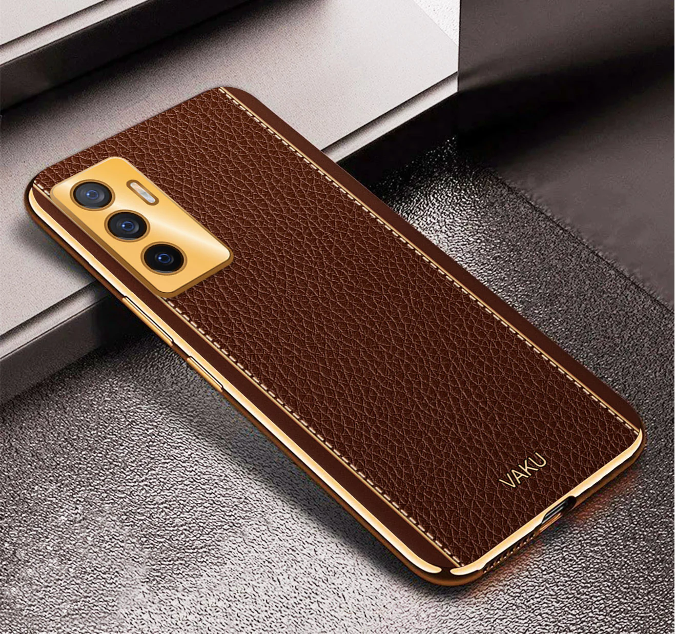 VakuĀ® Vivo V23e 5G Luxemberg Series Leather Stitched Gold Electroplated Soft TPU Back Cover - Image 4