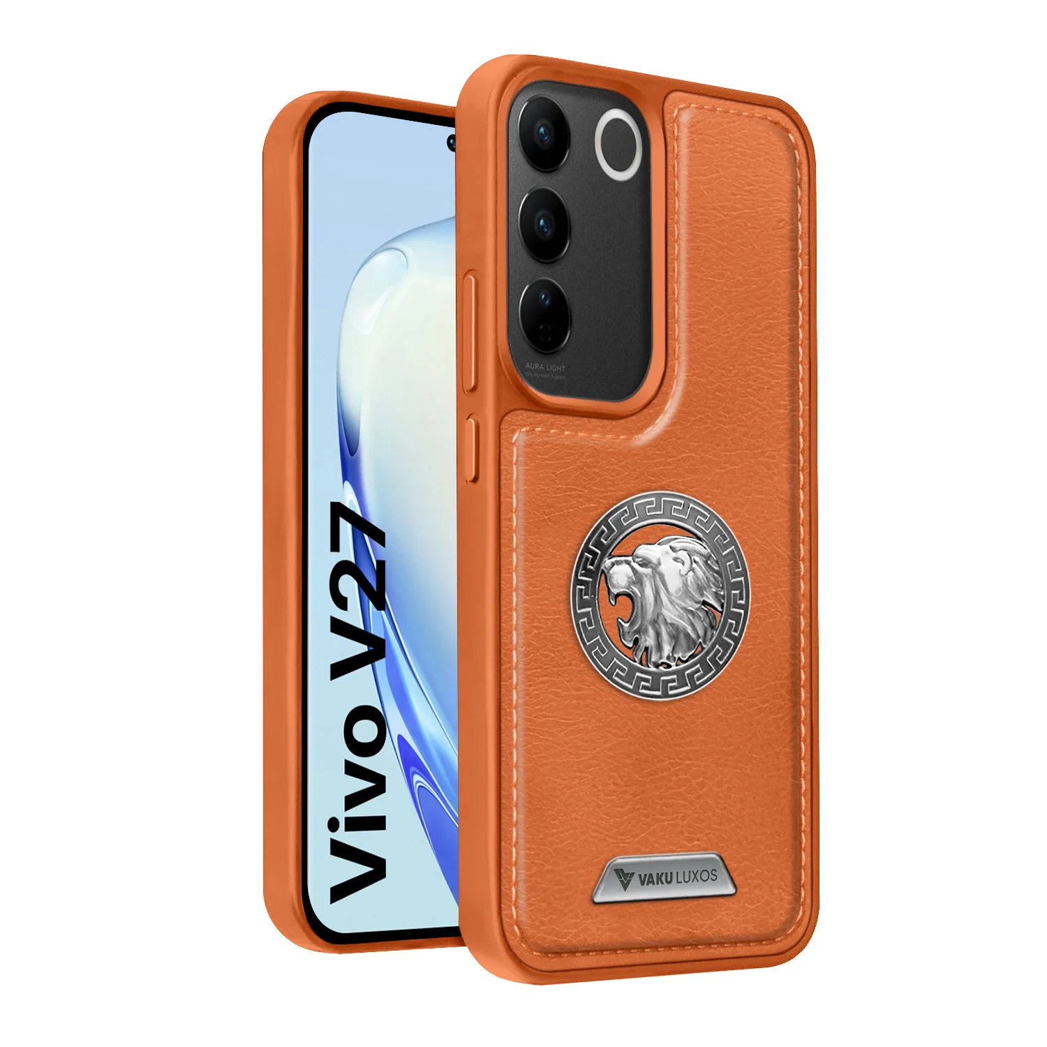 Vaku ® Vivo V27 5G Regal Shield Metal Lion Engraved Leather Back Cover