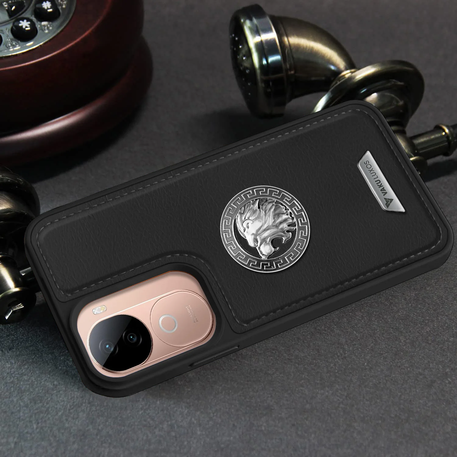 Vaku ® Vivo V40e 5G Regal Shield Metal Lion Engraved Leather Back Cover - Image 7