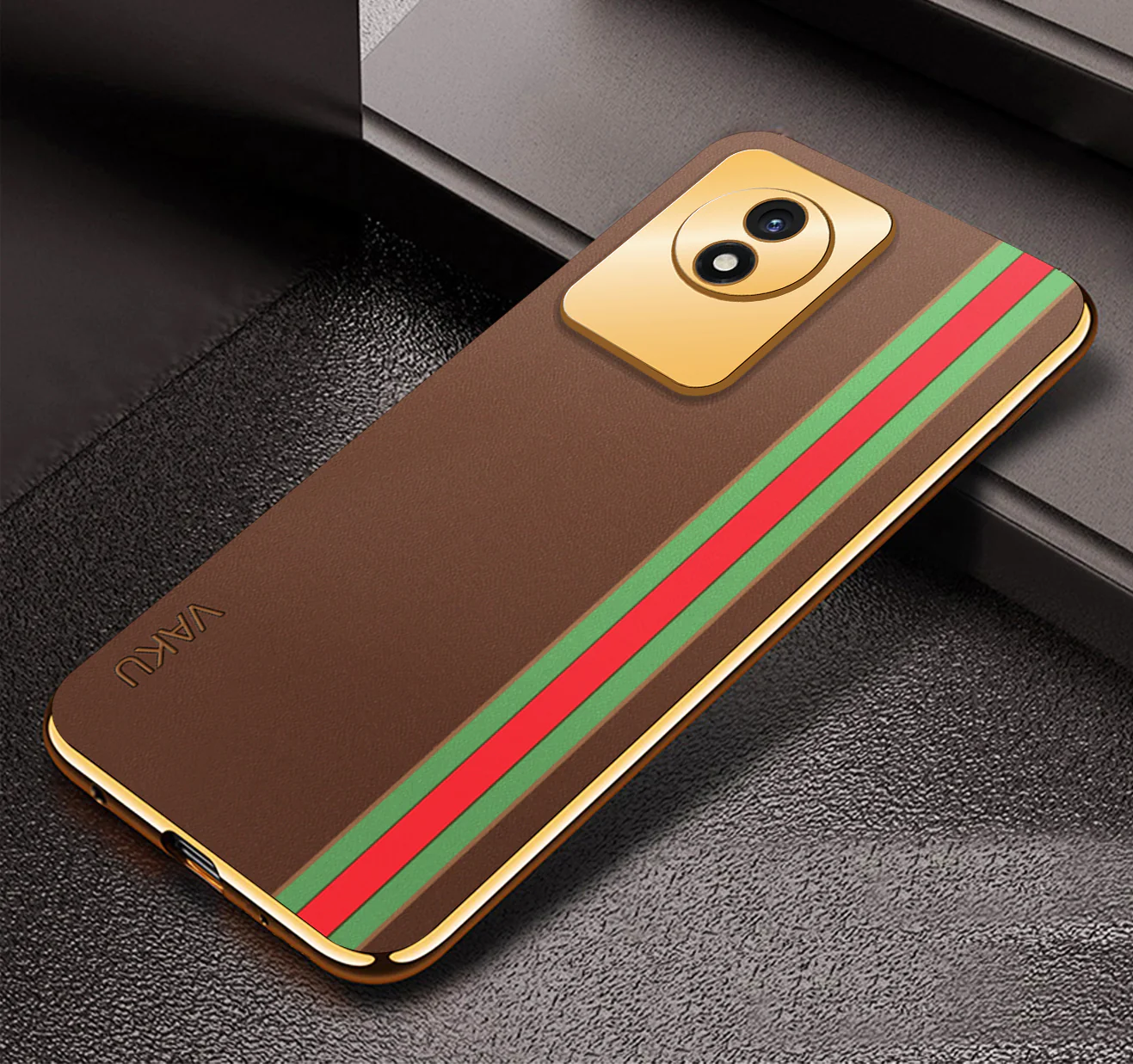 VakuĀ® Vivo Y02 Felix Line Leather Pattern Gold Electroplated Soft TPU Back Cover Case