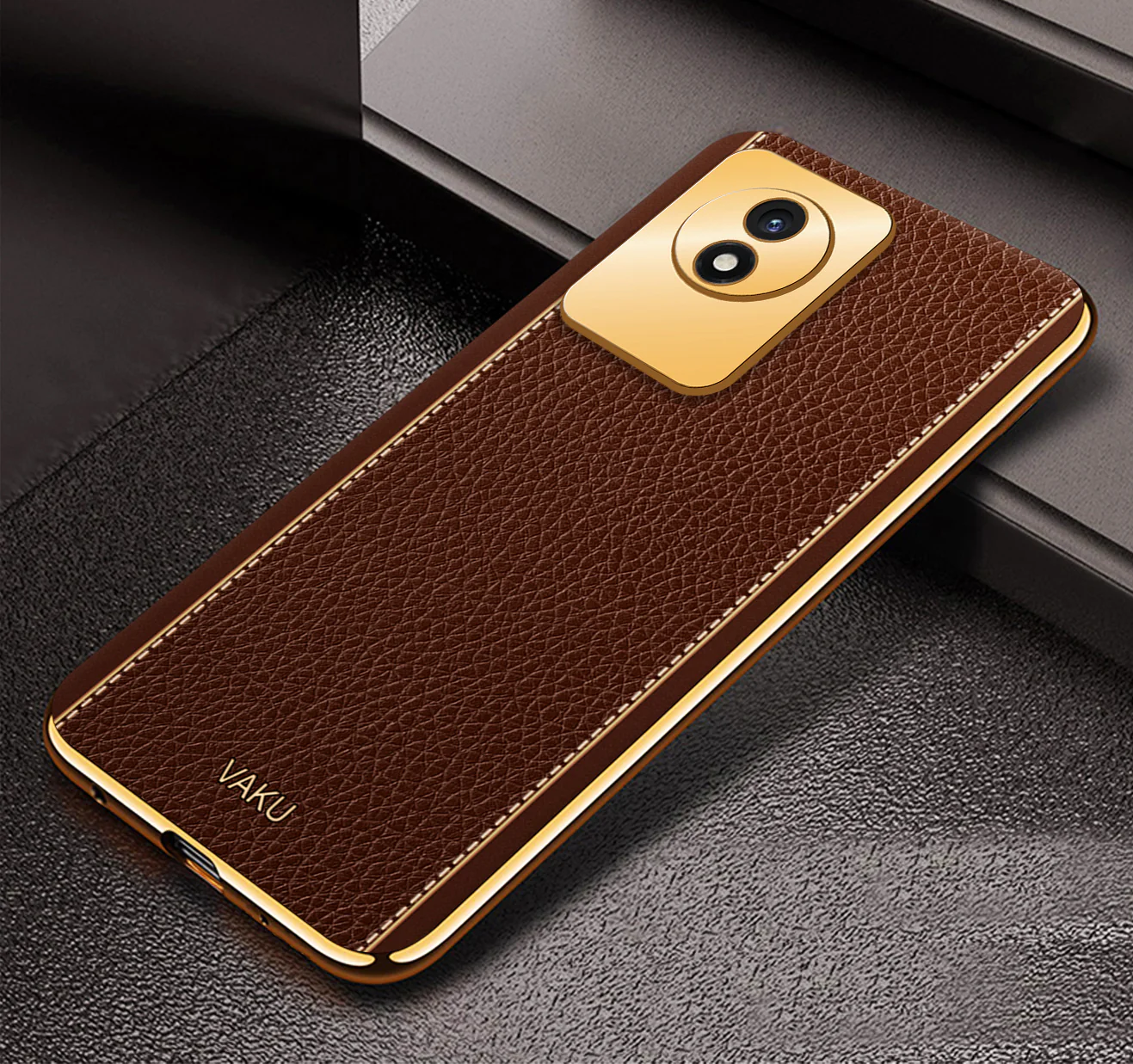 VakuĀ® Vivo Y02 Luxemberg Series Leather Stitched Gold Electroplated Soft TPU Back Cover