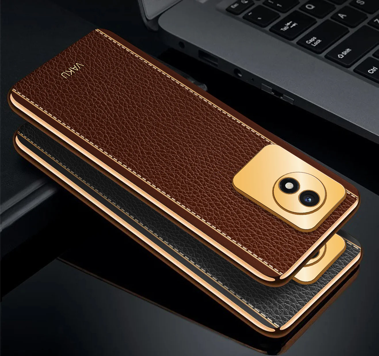VakuĀ® Vivo Y02 Luxemberg Series Leather Stitched Gold Electroplated Soft TPU Back Cover - Image 3