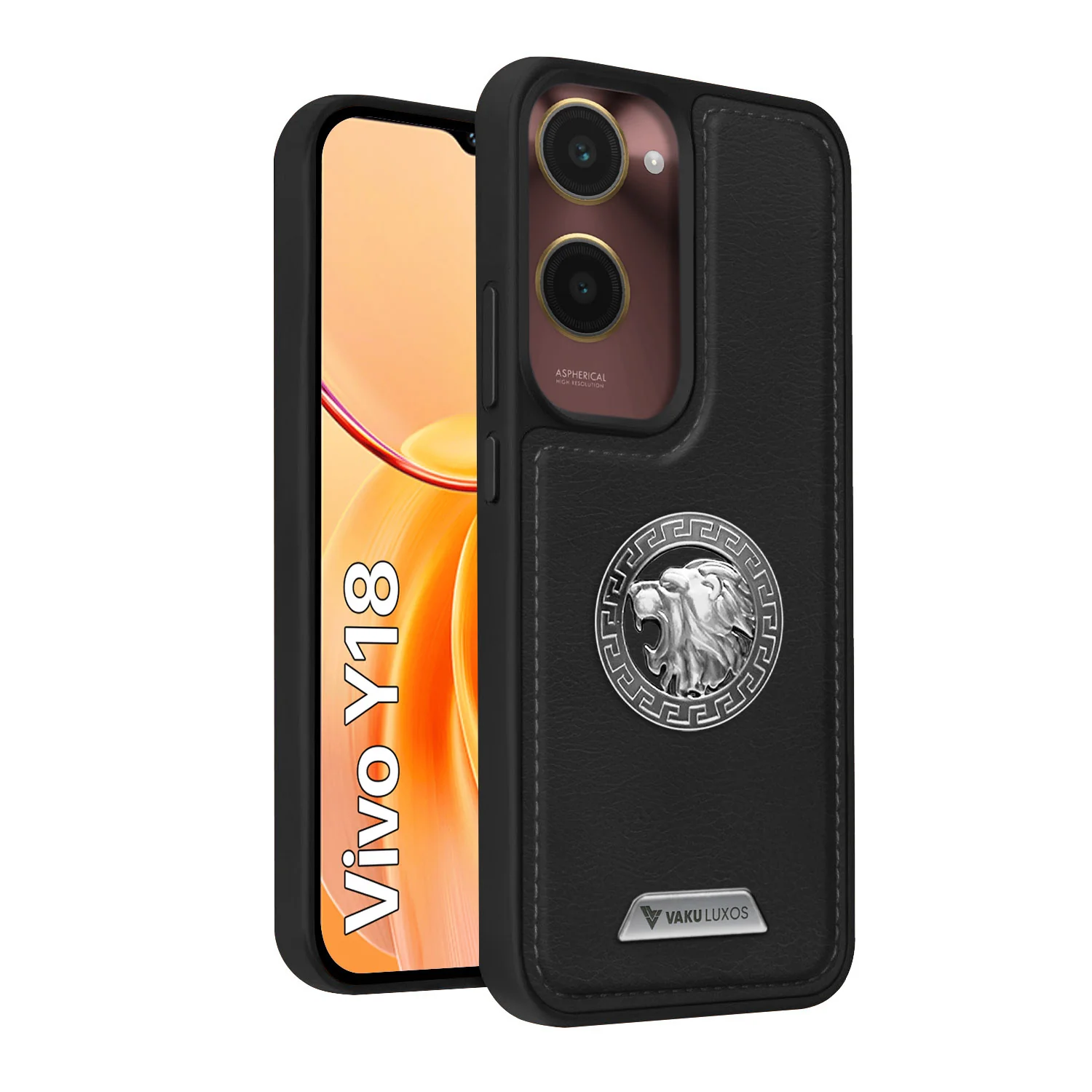 Vaku ® Vivo Y18 Regal Shield Metal Lion Engraved Leather Back Cover - Image 2
