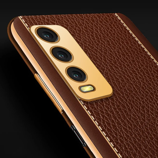 VakuĀ® Vivo Y20 Luxemberg Series Leather Stitched Gold Electroplated Soft TPU Back Cover - Image 2