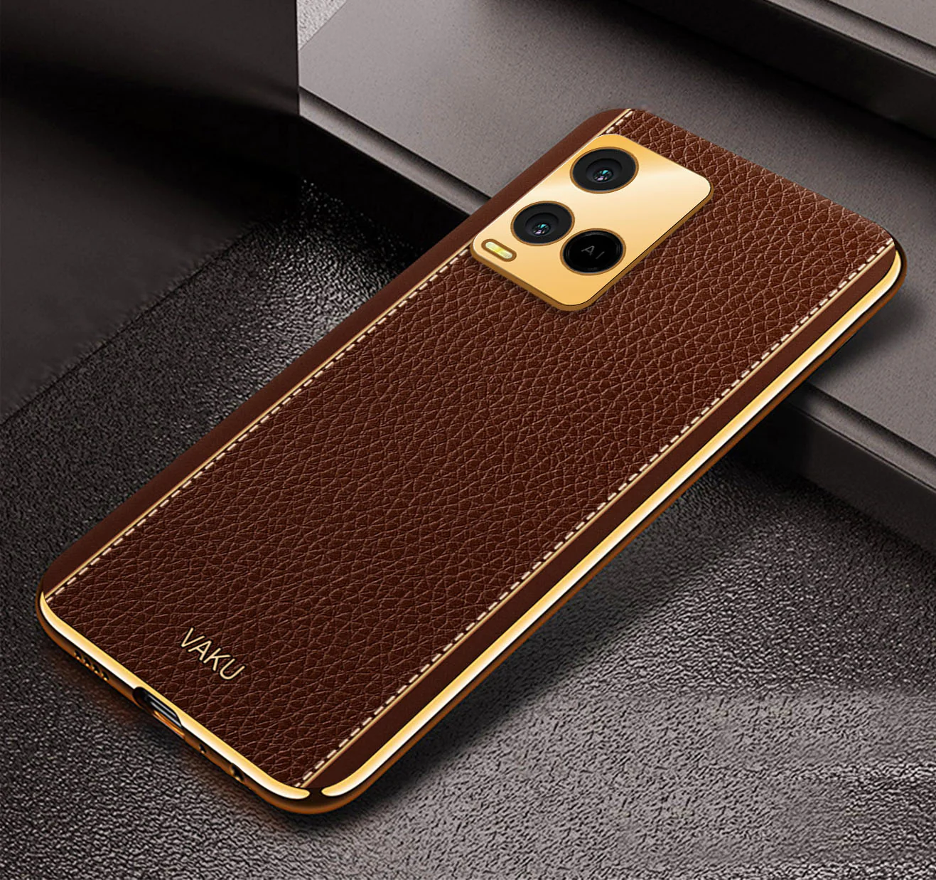 VakuĀ® Vivo Y21 Luxemberg Series Leather Stitched Gold Electroplated Soft TPU Back Cover