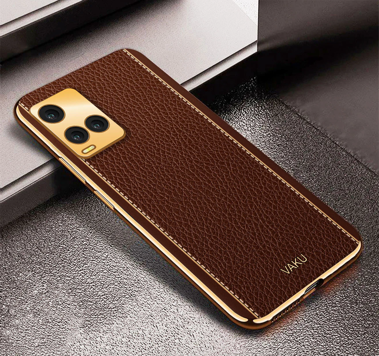 Vaku® Vivo Y21T Luxemberg Series Leather Stitched Gold Electroplated Soft TPU Back Cover - Image 5