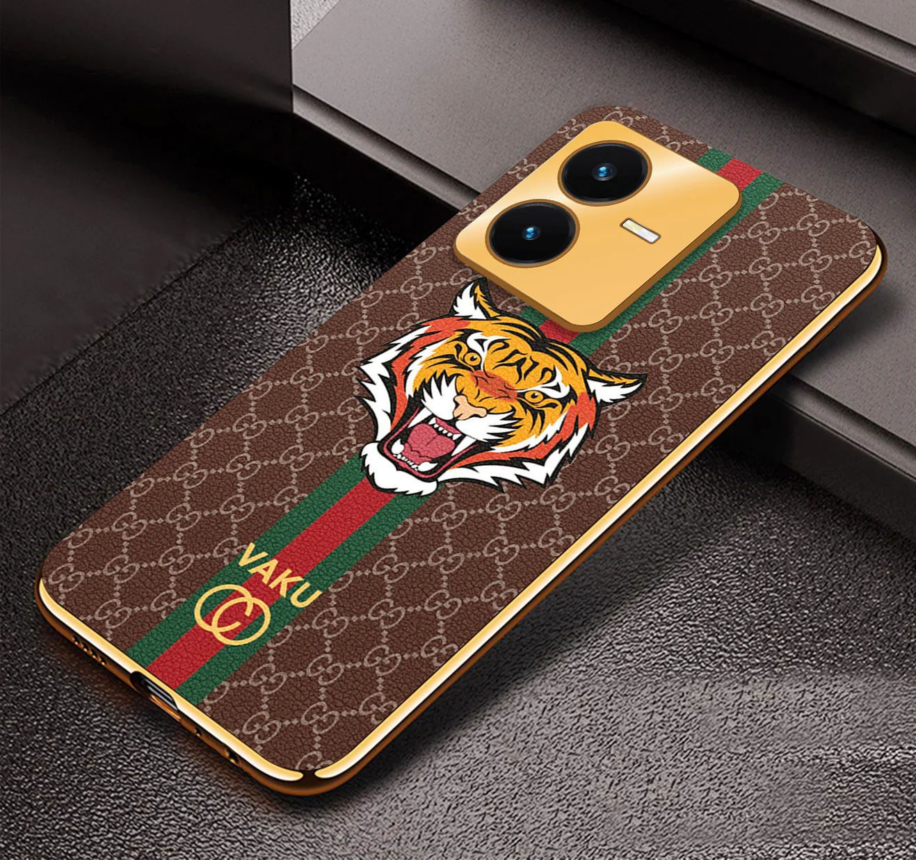 VakuĀ® Vivo Y22 Lynx Designer Leather Pattern Gold Electroplated Soft TPU Back Cover Case - Image 5