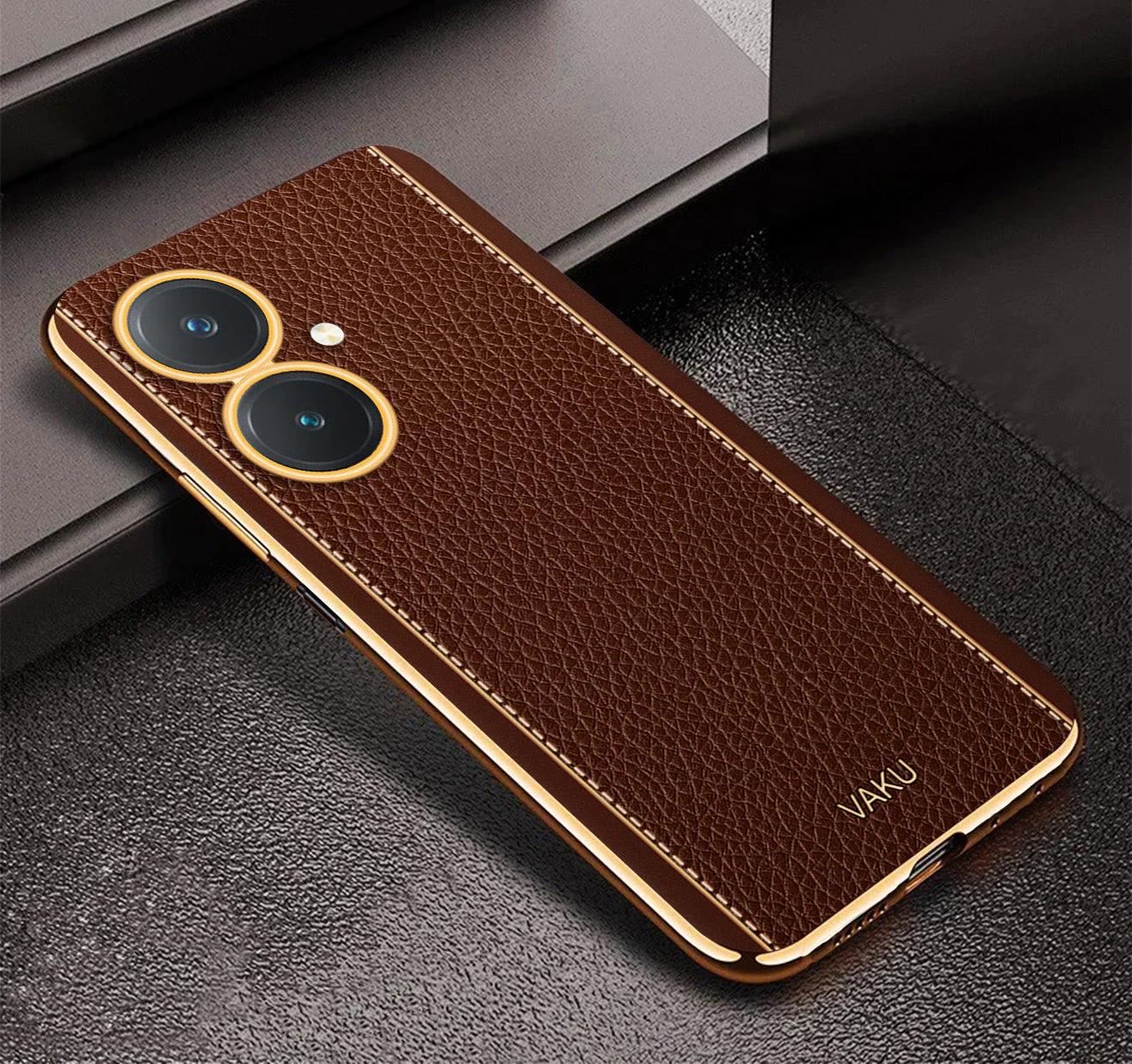 VakuĀ® Vivo Y27 Luxemberg Series Leather Stitched Gold Electroplated Soft TPU Back Cover - Image 9