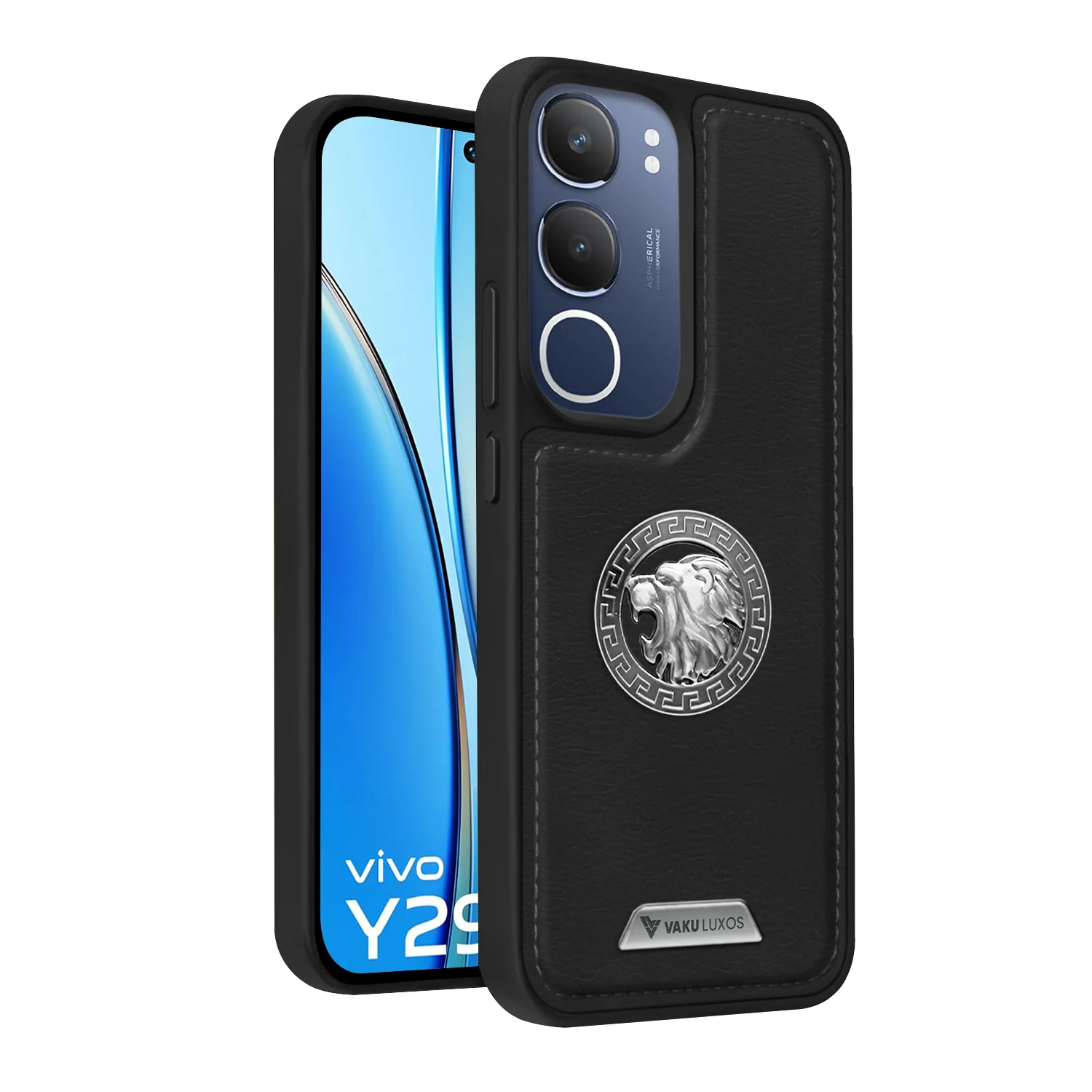 Vaku ® Vivo Y29 5G Regal Shield Metal Lion Engraved Leather Back Cover - Image 2