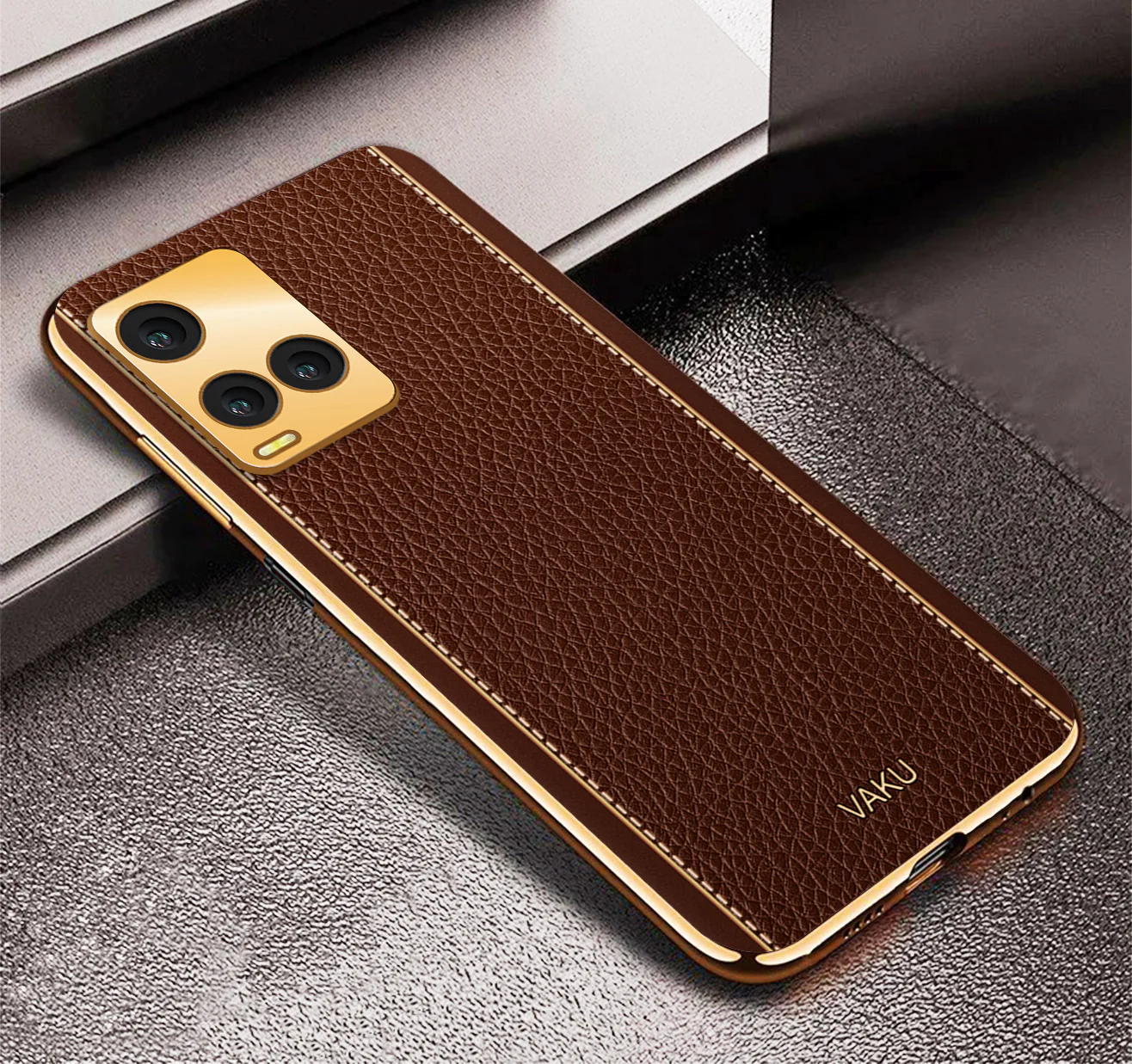 Vaku ® Vivo Y33T Luxemberg Series Leather Stitched Gold Electroplated Soft TPU Back Cover