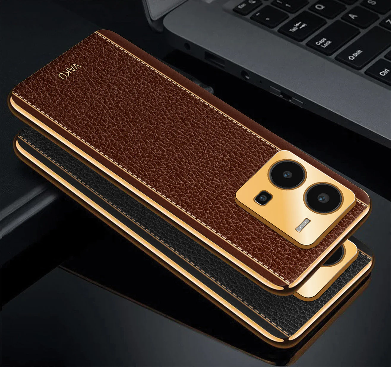 VakuĀ® Vivo Y35 4G Luxemberg Leather Pattern Gold Electroplated Soft TPU Back Cover - Image 5