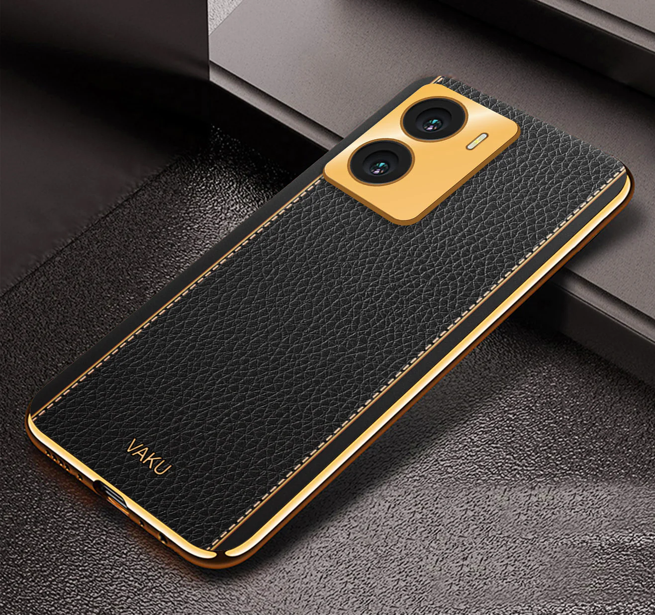 VakuĀ® Vivo Y56 Luxemberg Series Leather Stitched Gold Electroplated Soft TPU Back Cover - Image 7