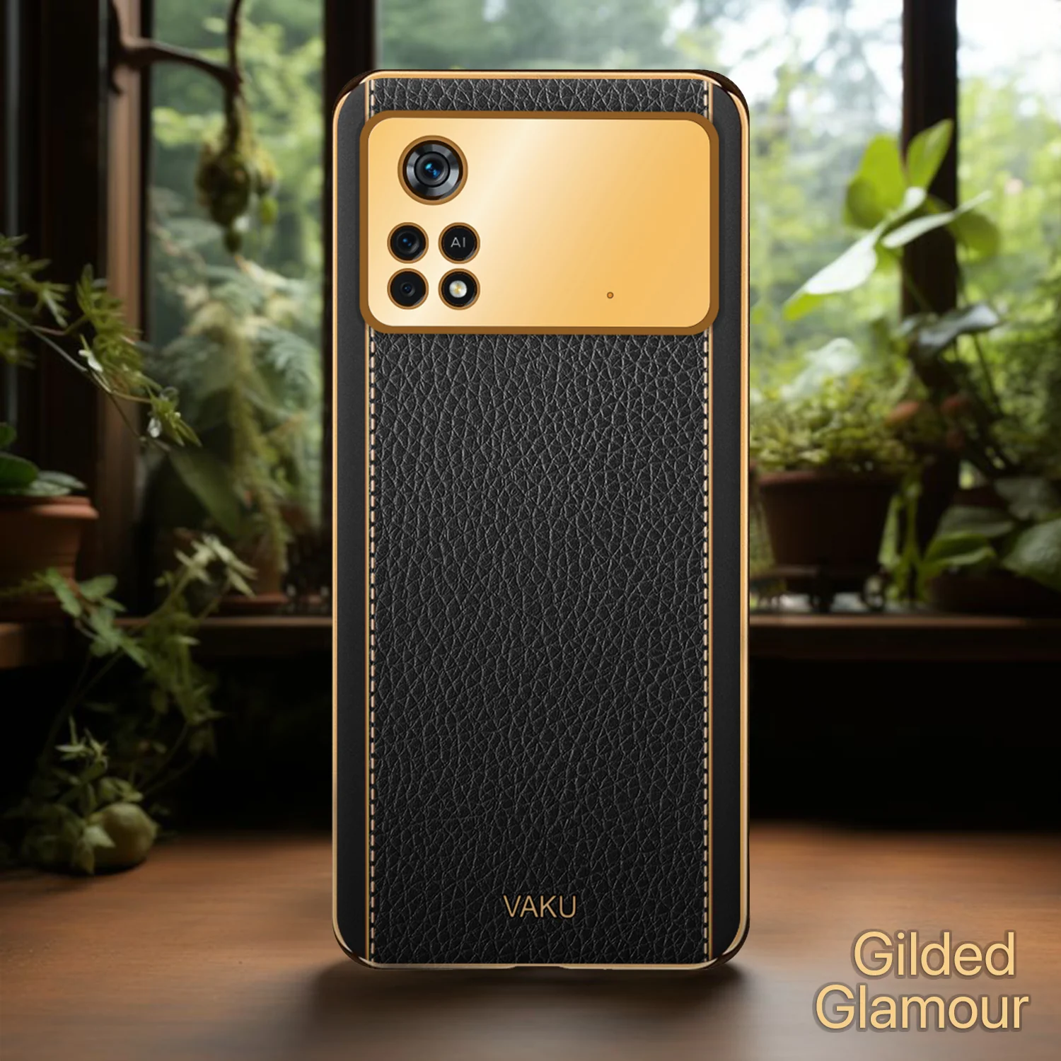 VakuĀ® Xiaomi Poco M4 Pro Luxemberg Series Leather Stitched Gold Electroplated Soft TPU Back Cover - Image 10