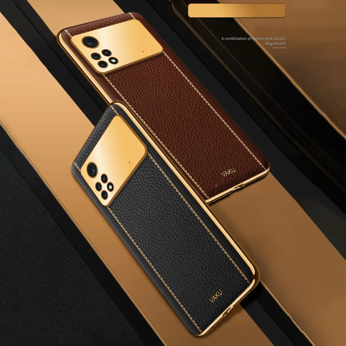VakuĀ® Xiaomi Poco M4 Pro Luxemberg Series Leather Stitched Gold Electroplated Soft TPU Back Cover - Image 4