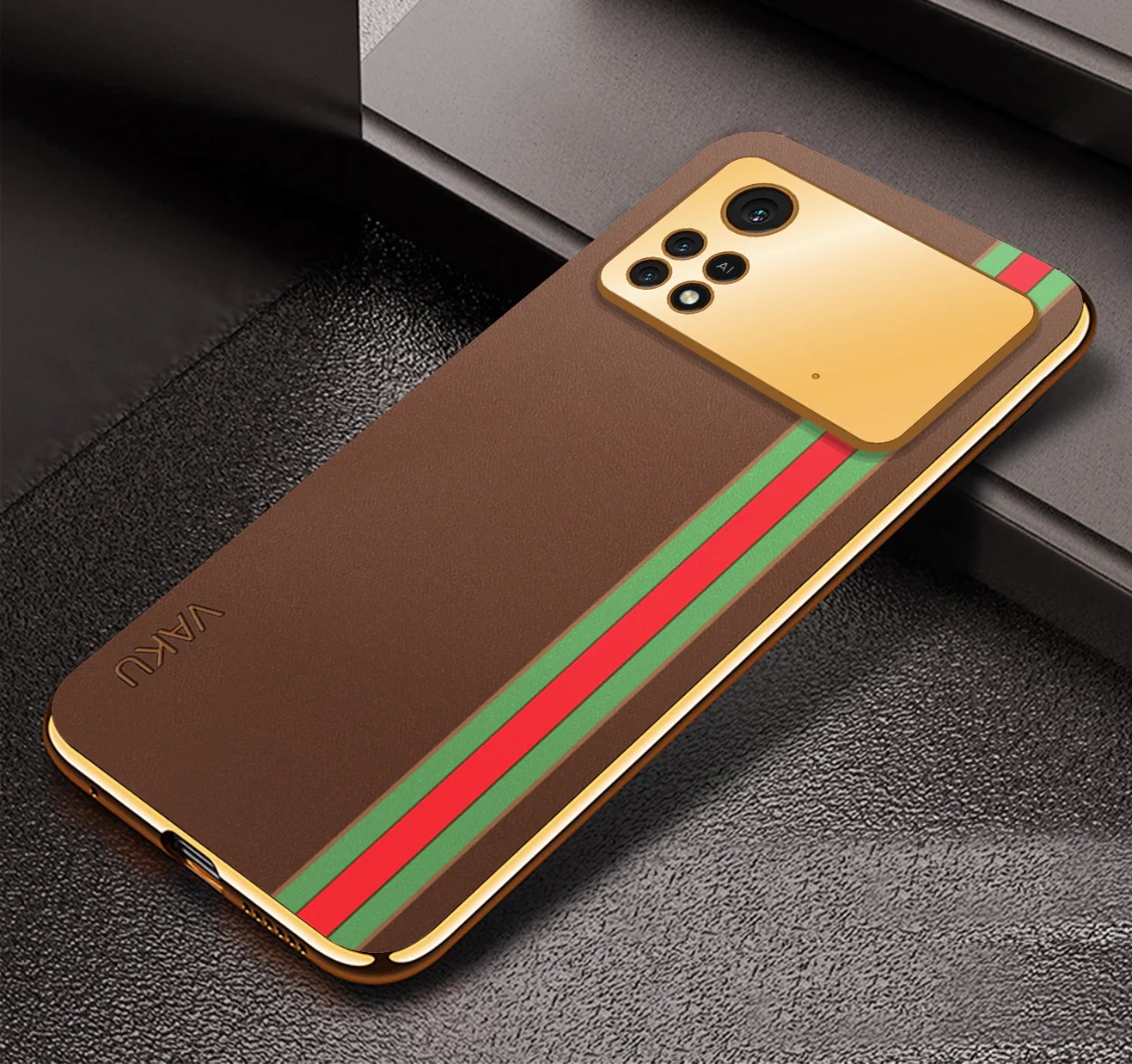 VakuĀ® Xiaomi Poco X4 Pro 5G Felix Line Leather Stitched Gold Electroplated Soft TPU Back Cover Case