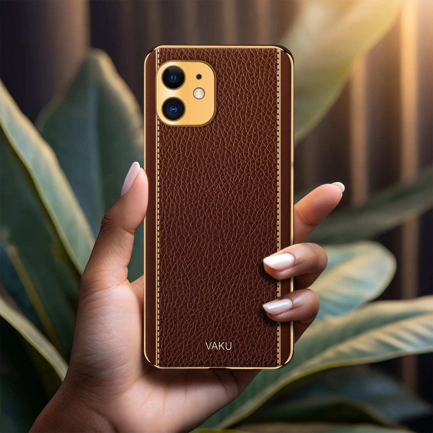 Vaku® For Apple iPhone 11 Luxemberg Series Leather Stitched Gold Electroplated Soft TPU Back Cover - Image 11