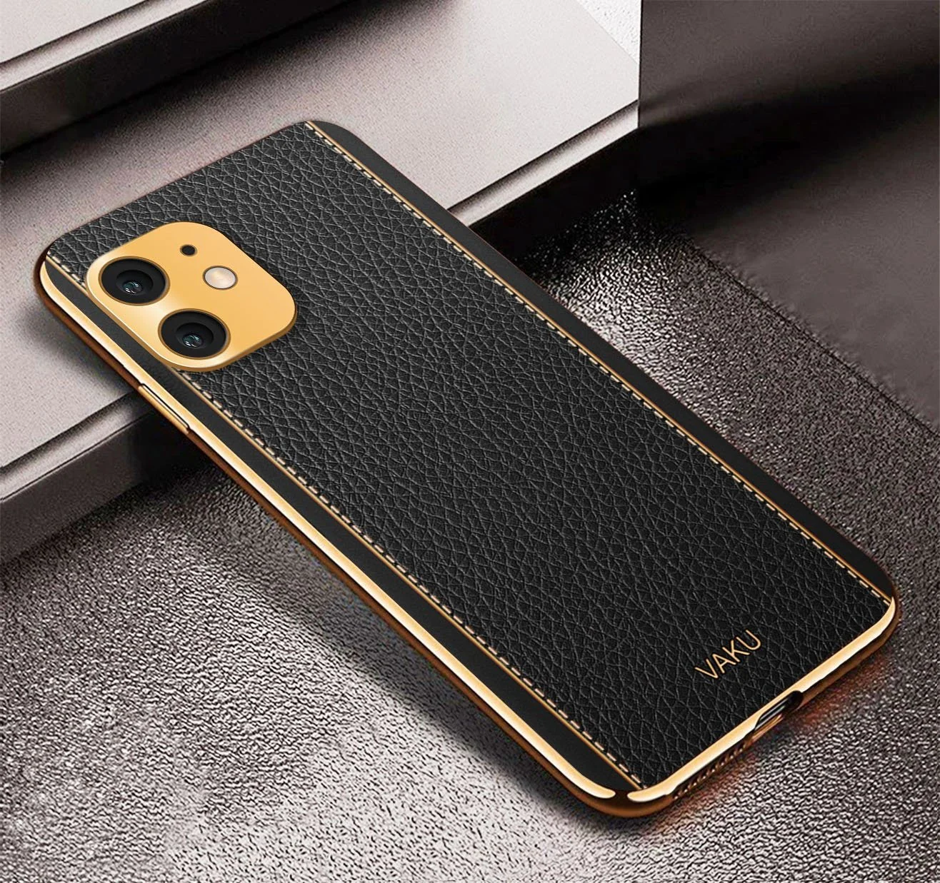 Vaku® For Apple iPhone 11 Luxemberg Series Leather Stitched Gold Electroplated Soft TPU Back Cover - Image 8