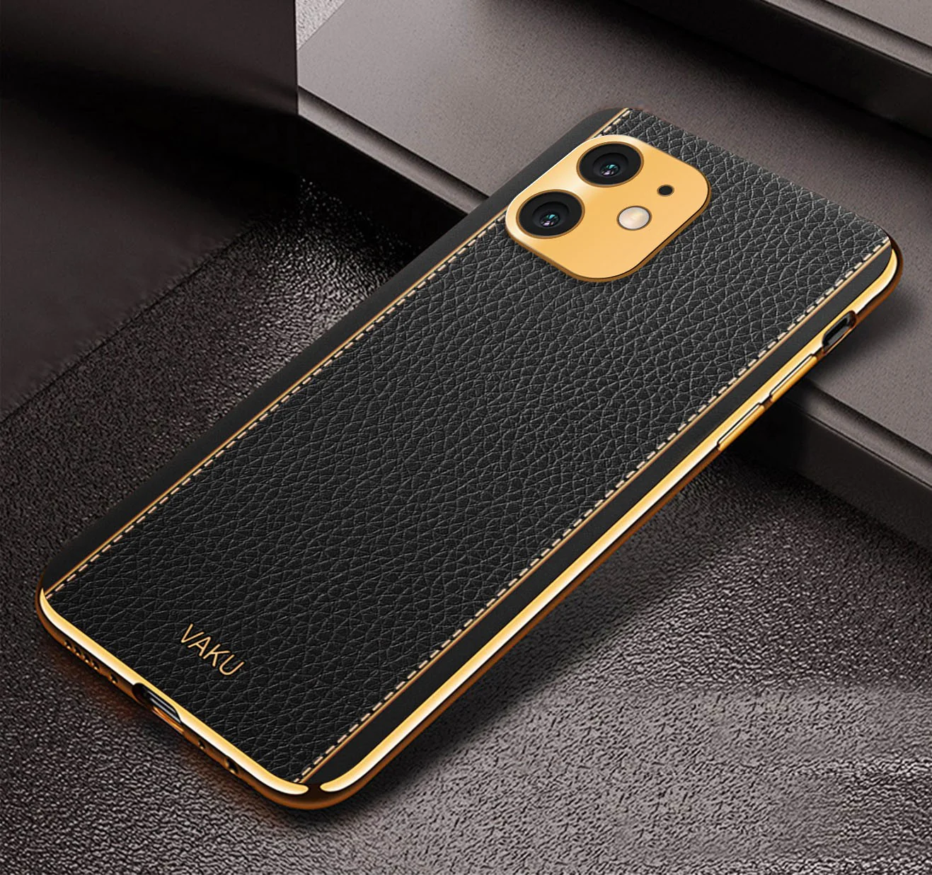 Vaku® For Apple iPhone 12 Luxemberg Series Leather Stitched Gold Electroplated Soft TPU Back Cover - Image 5