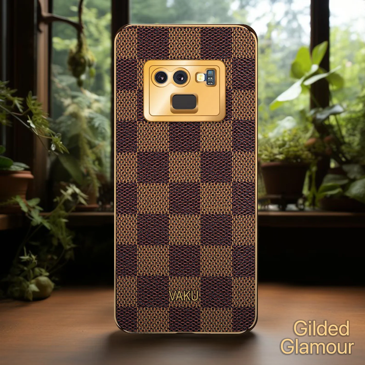 VakuĀ® Galaxy Note 9 Cheron Series Leather Stitched Gold Electroplated Soft TPU Back Cover - Image 6