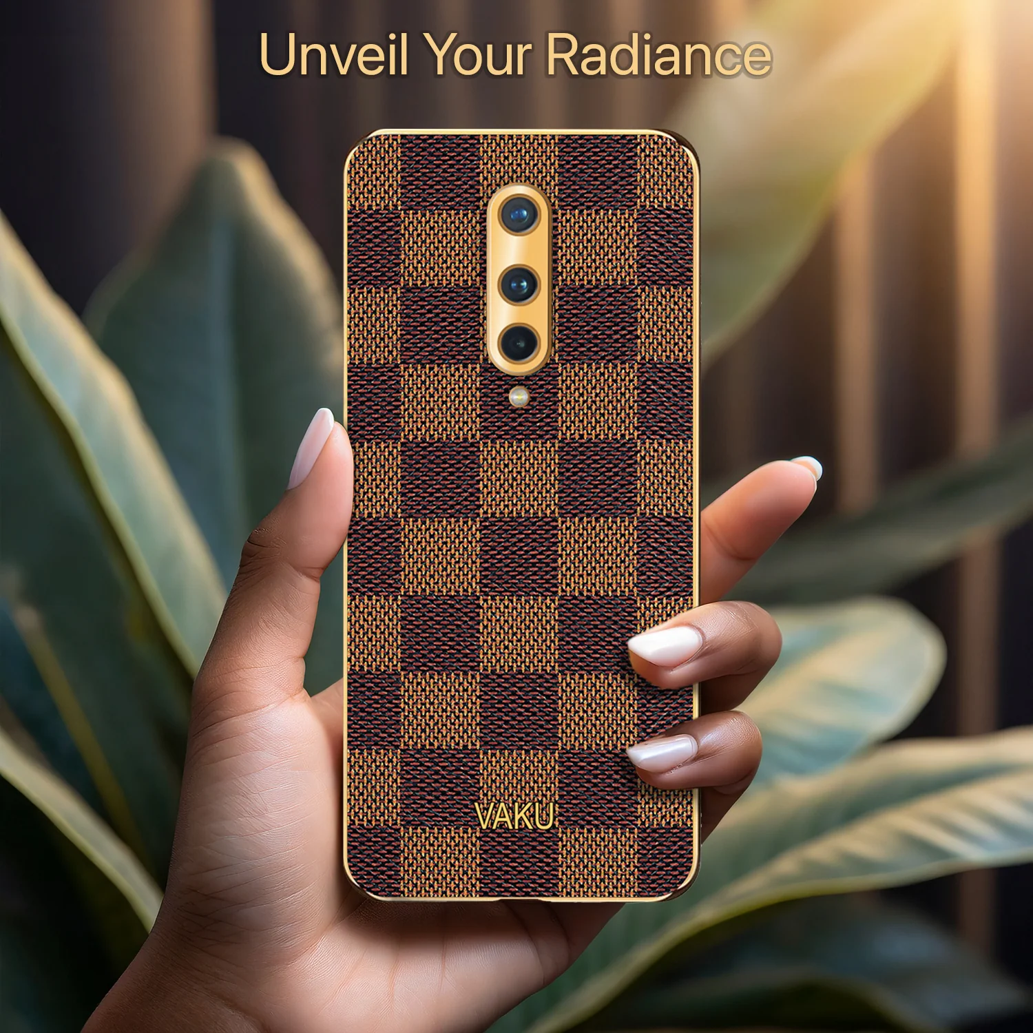 Vaku® OnePlus 8 Cheron Series Leather Stitched Gold Electroplated Soft TPU Back Cover - Image 5