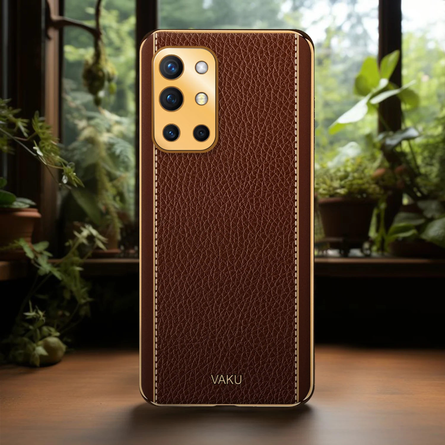 Vaku® Oneplus 9R Luxemberg Series Leather Stitched Gold Electroplated Soft TPU Back Cover - Image 10