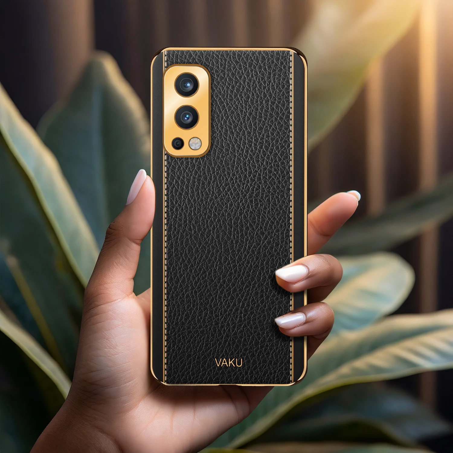 Vaku® Oneplus Nord 2 Luxemberg Series Leather Stitched Gold Electroplated Soft TPU Back Cover - Image 12