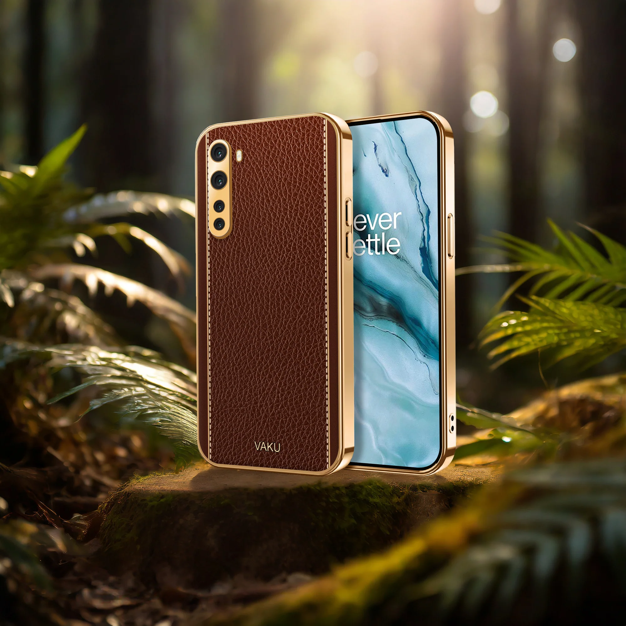 VakuĀ® Oneplus Nord Luxemberg Series Leather Stitched Gold Electroplated Soft TPU Back Cover - Image 15