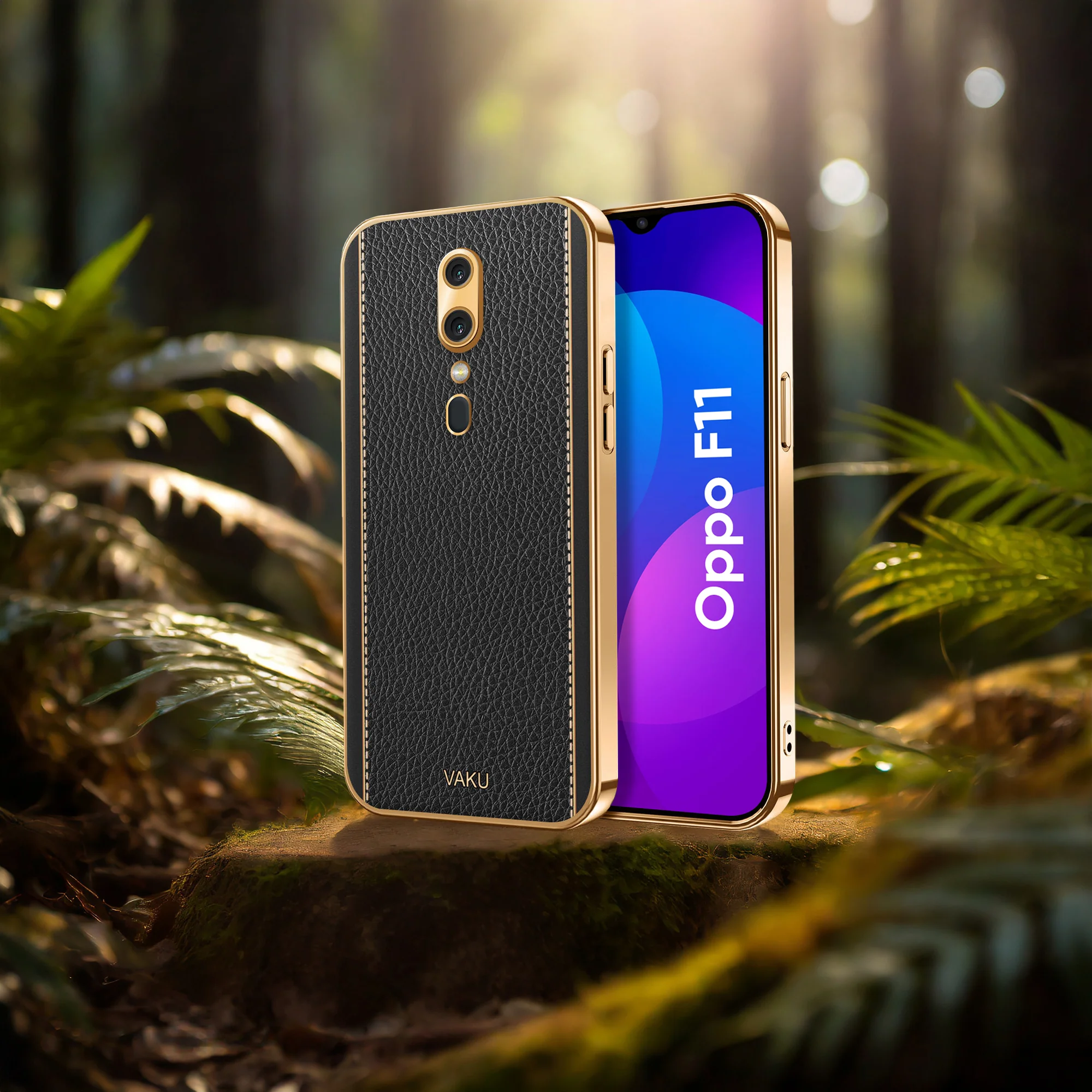 VakuĀ® Oppo F11 Luxemberg Series Leather Stitched Gold Electroplated Soft TPU Back Cover - Image 15