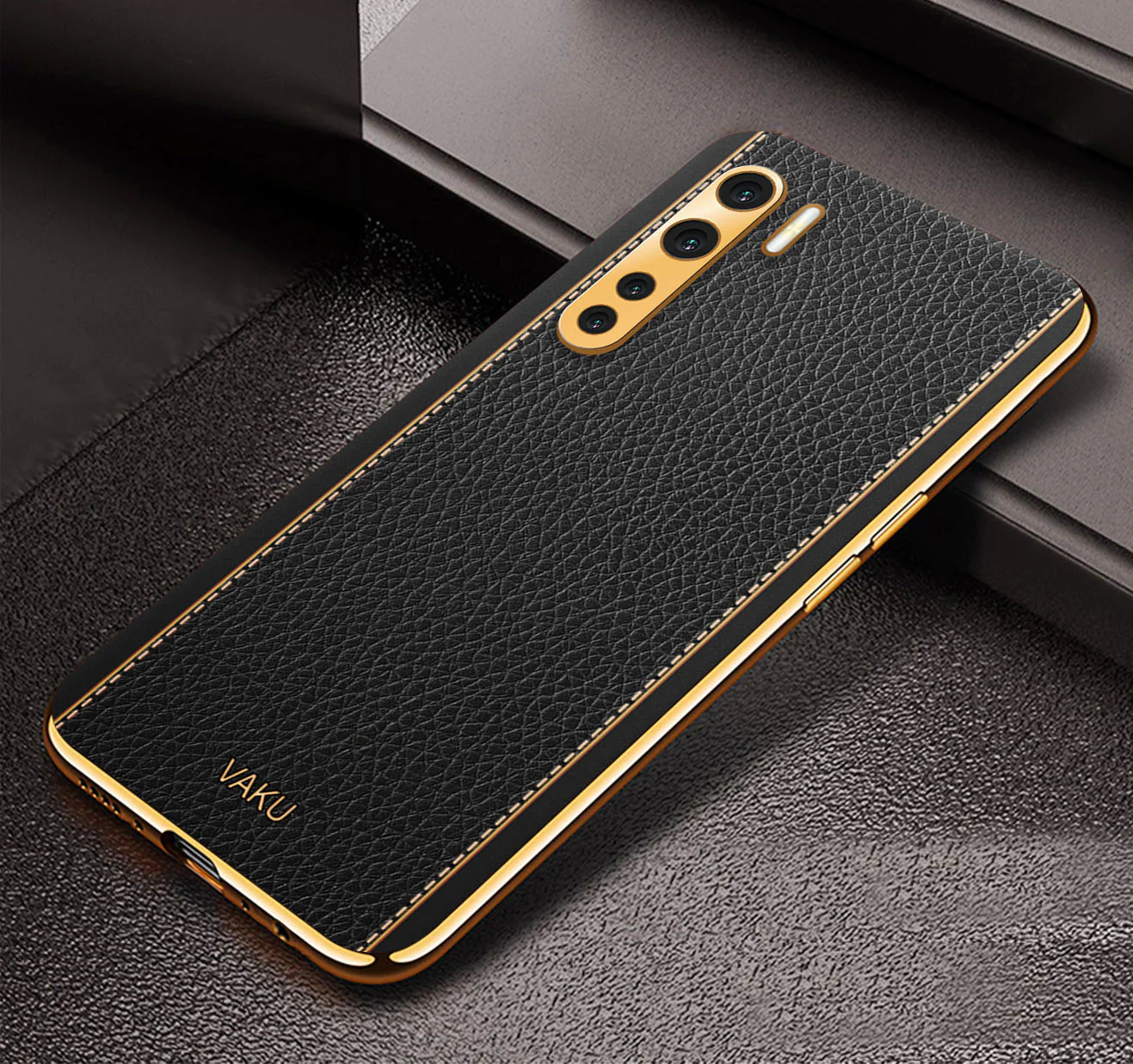 VakuĀ® Oppo F15 Luxemberg Series Leather Stitched Gold Electroplated Soft TPU Back Cover - Image 3