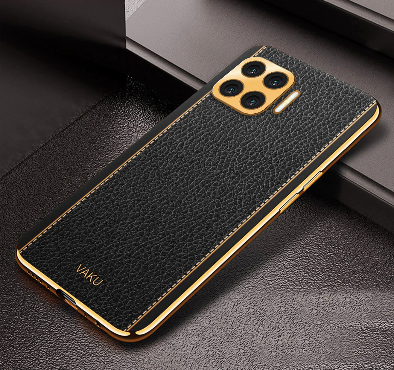 VakuĀ® Oppo F17 Luxemberg Series Leather Stitched Gold Electroplated Soft TPU Back Cover - Image 6