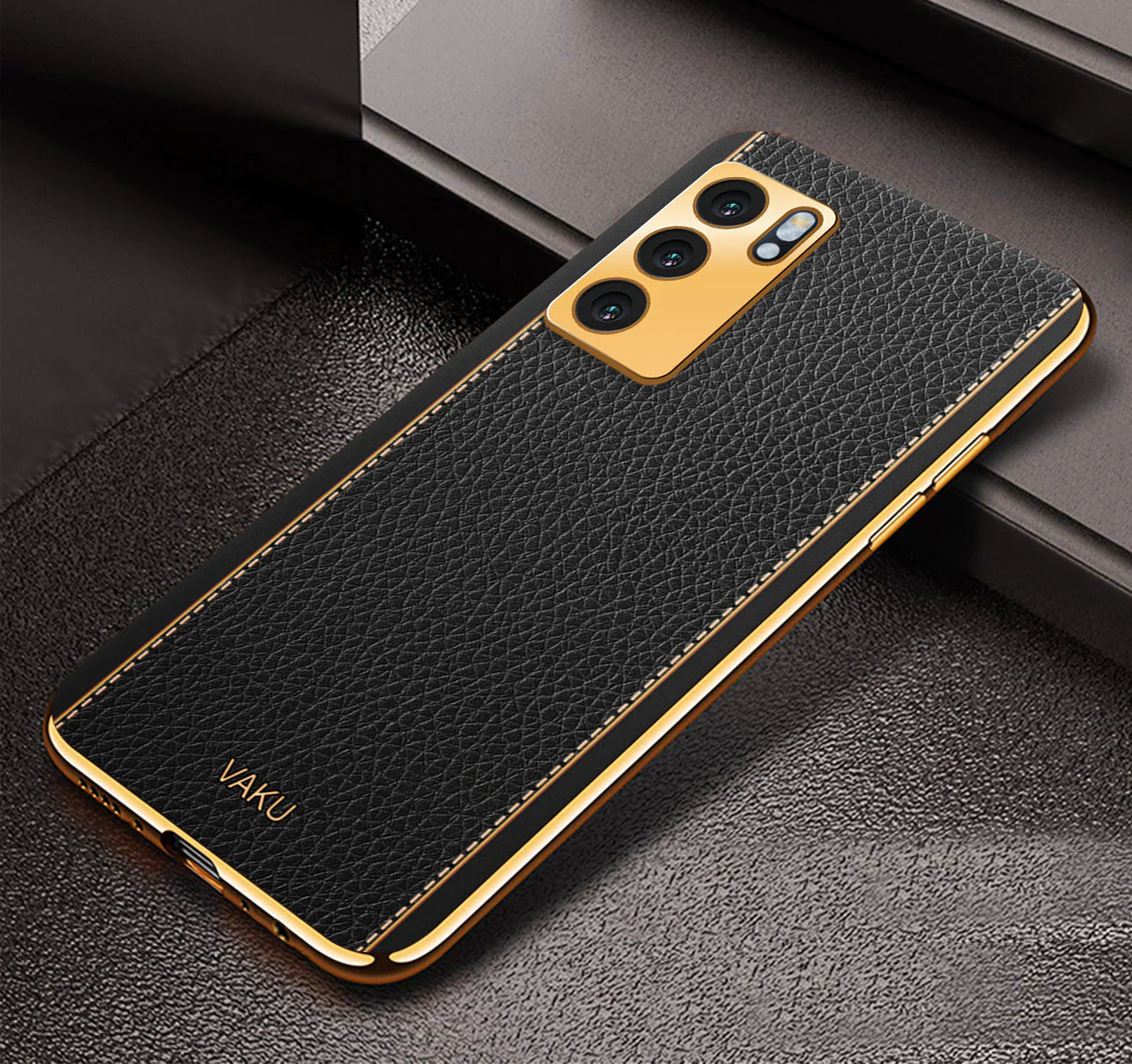 VakuĀ® Oppo Reno6 5G Luxemberg Series Leather Stitched Gold Electroplated Soft TPU Back Cover - Image 10