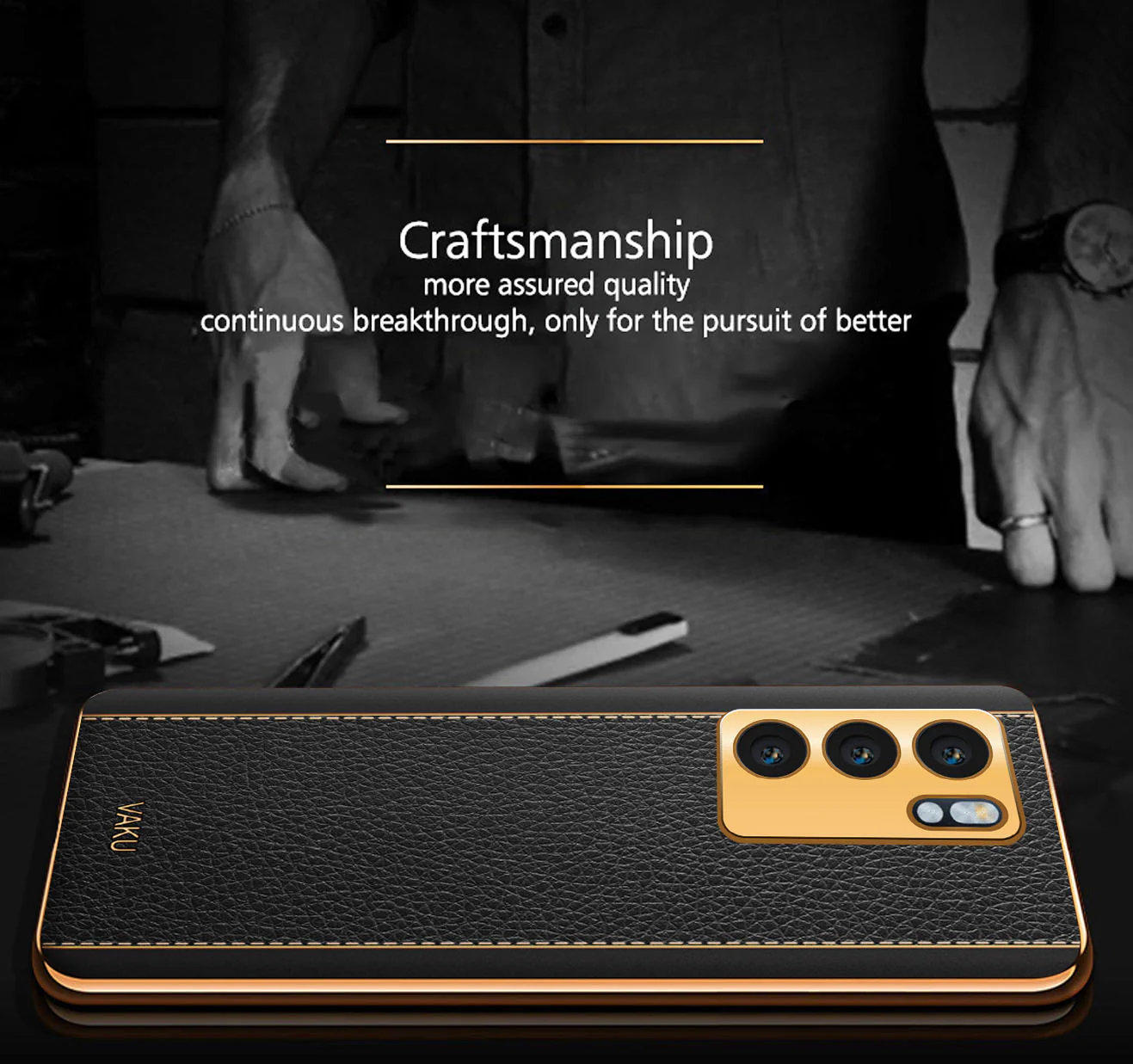 VakuĀ® Oppo Reno6 5G Luxemberg Series Leather Stitched Gold Electroplated Soft TPU Back Cover - Image 4