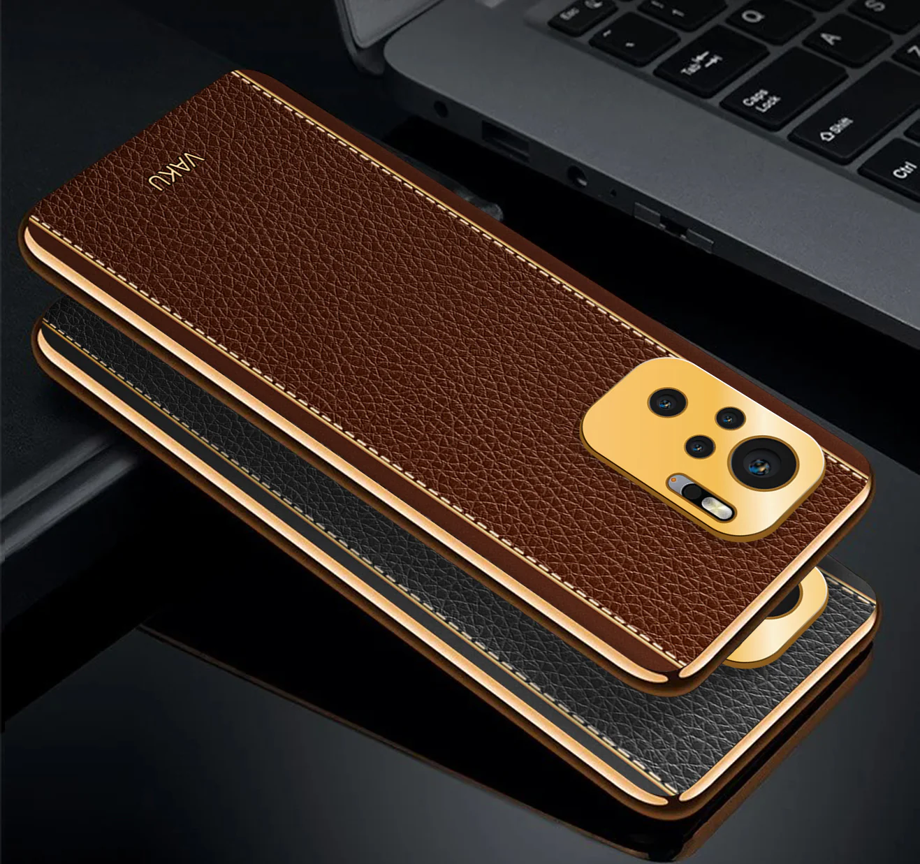 Vaku® Redmi Note 10 Luxemberg Series Leather Stitched Gold Electroplated Soft TPU Back Cover - Image 6