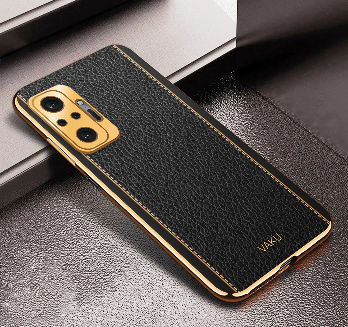 Vaku® Redmi Note 10 Pro Luxemberg Series Leather Stitched Gold Electroplated Soft TPU Back Cover - Image 5