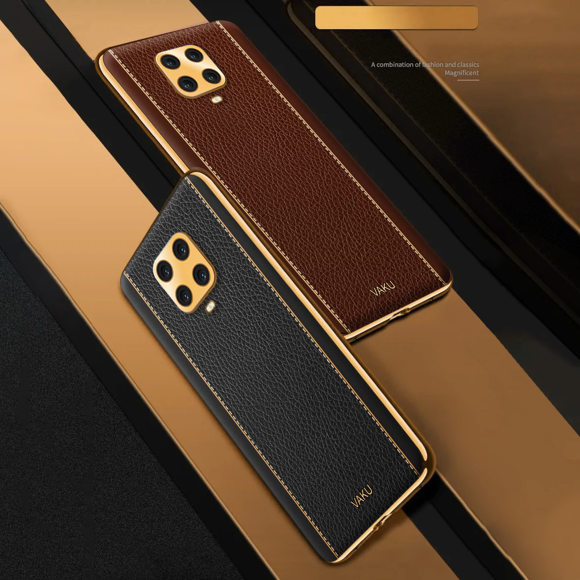 VakuĀ® Redmi Note 9 Pro Max Luxemberg Series Leather Stitched Gold Electroplated Soft TPU Back Cover - Image 10