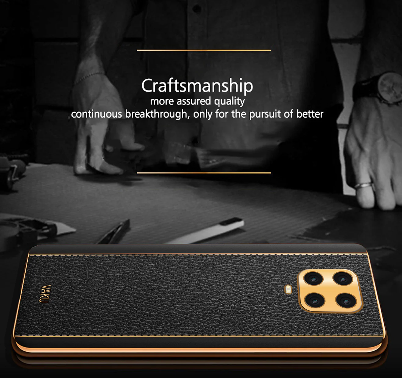 VakuĀ® Redmi Note 9 Pro Max Luxemberg Series Leather Stitched Gold Electroplated Soft TPU Back Cover - Image 3