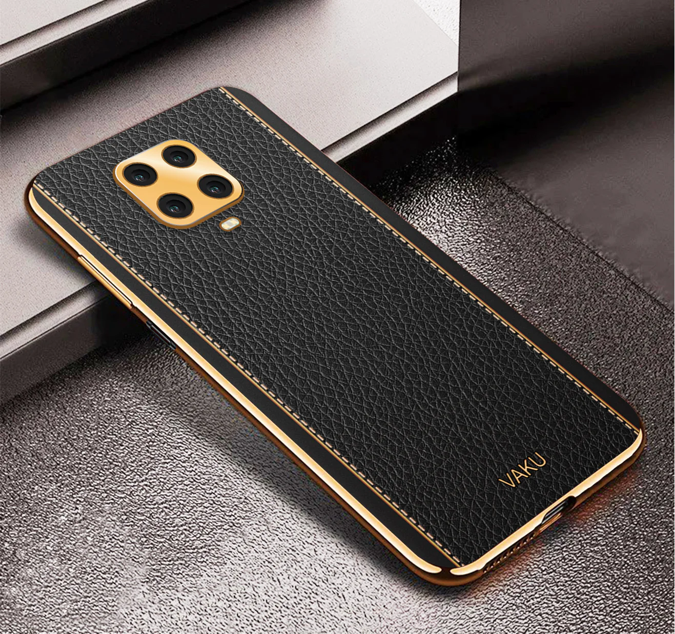VakuĀ® Redmi Note 9 Pro Max Luxemberg Series Leather Stitched Gold Electroplated Soft TPU Back Cover - Image 4