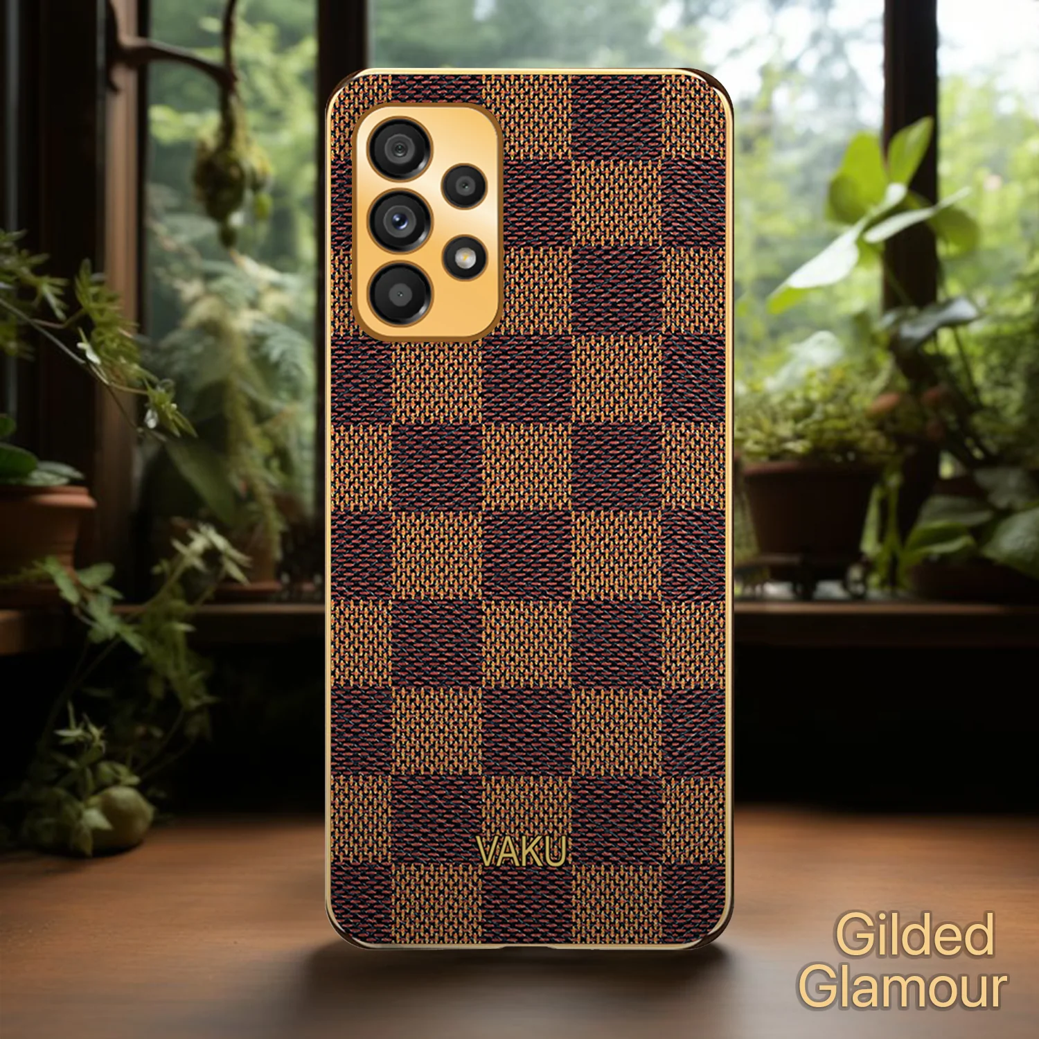 Vaku® Samsung Galaxy A13 Cheron Series Leather Stitched Gold Electroplated Soft TPU Back Cover - Image 4
