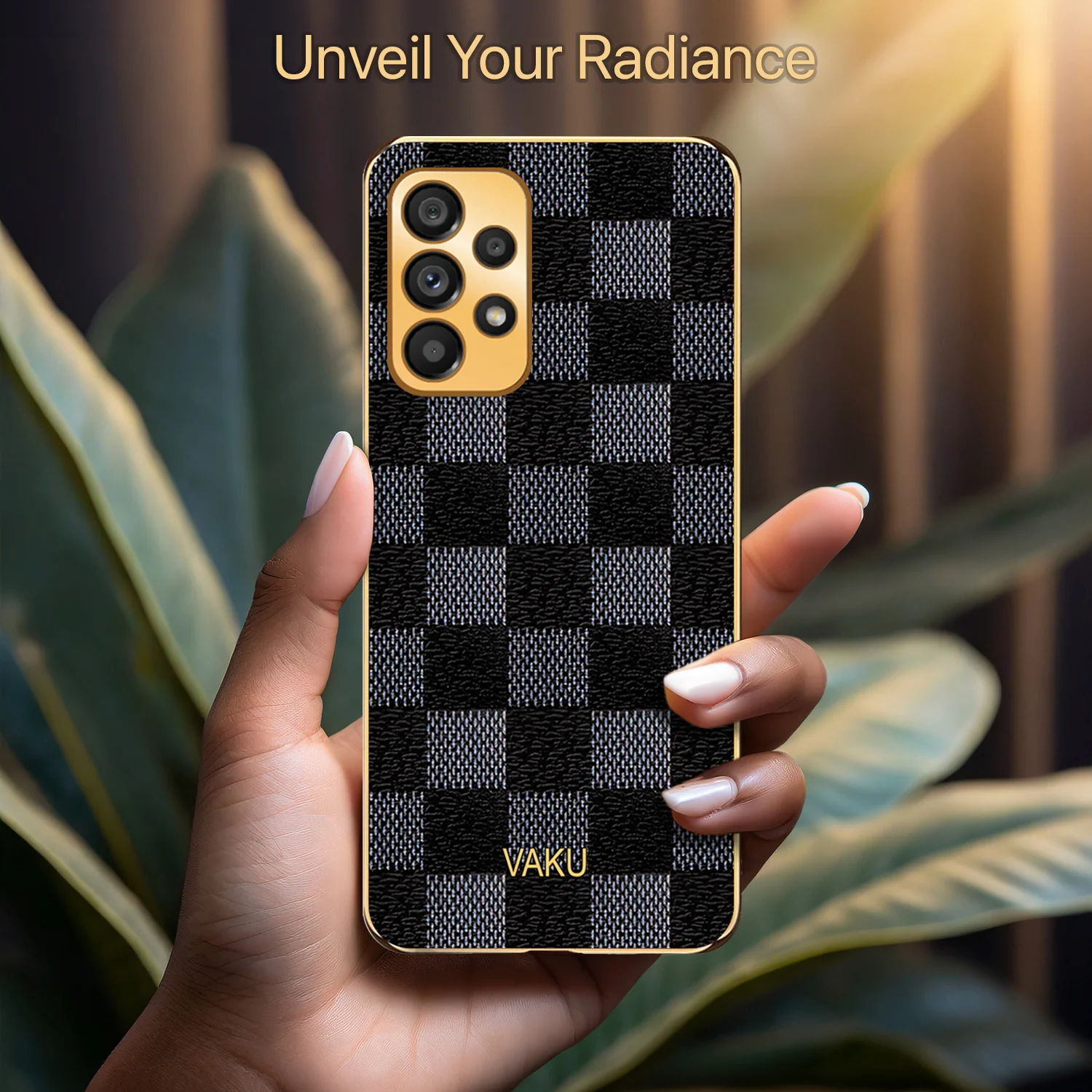 Vaku® Samsung Galaxy A13 Cheron Series Leather Stitched Gold Electroplated Soft TPU Back Cover - Image 5