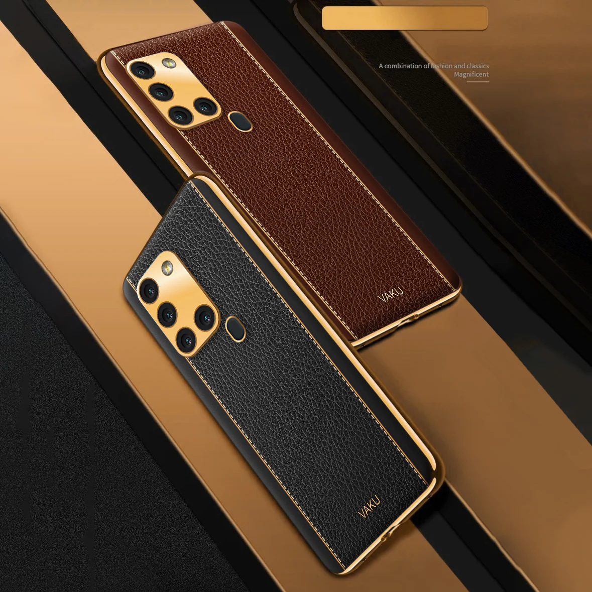 VakuĀ® Samsung Galaxy A21s Luxemberg Leather Stitched Gold Electroplated Soft TPU Back Cover - Image 11