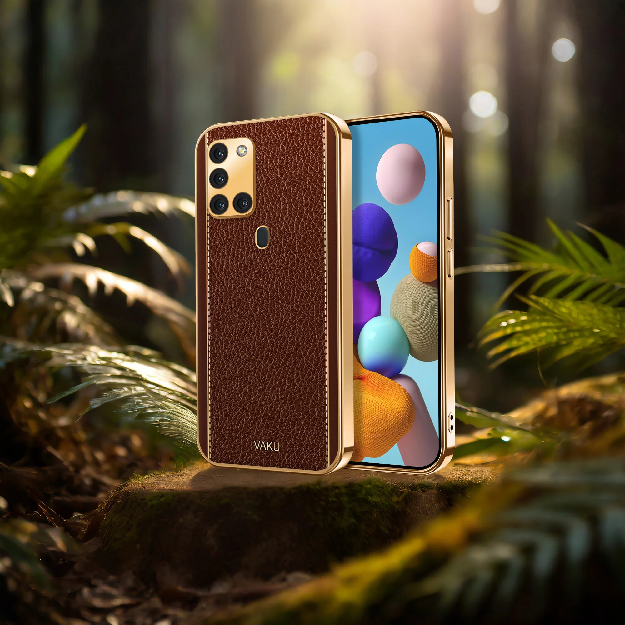 VakuĀ® Samsung Galaxy A21s Luxemberg Leather Stitched Gold Electroplated Soft TPU Back Cover - Image 16